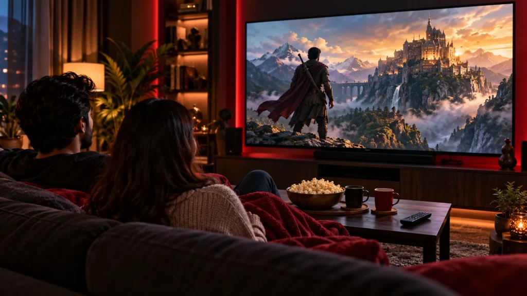 Two friends watching a fantasy movie at home with popcorn.